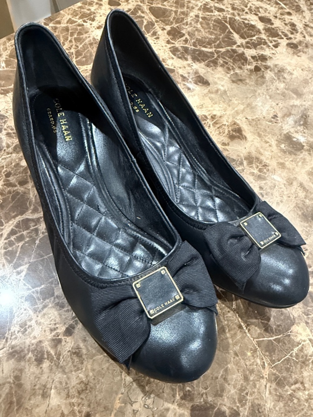 Cole Haan Black Leather Bow Wedge Pump with Gold Accent excellent condition